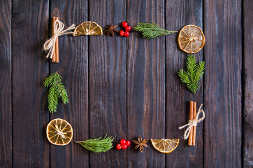 Christmas round, square, rectangular, heart-shaped frame with tree branches, winter things. New Year's Decoration