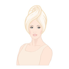Beautiful woman 30-39 or 40-49 woman with a towel on her head. Hand drawn portrait, vector line art illustration in beige colors.