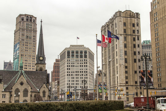 Detroit, Michigan, USA - March 28, 2018: The skyline and city streets of the historic Grand Circus Park neighborhood of downtown Detroit, Michigan