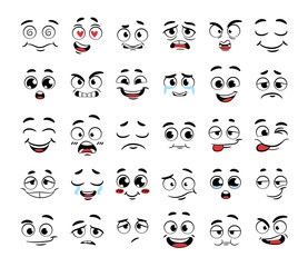 Set of funny cartoon faces. Caricature comic emotions. Doodle style. Isolated vector illustration