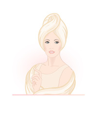 Beautiful woman 30-39 or 40-49 woman with a towel on her head. Hand drawn portrait, vector line art illustration.