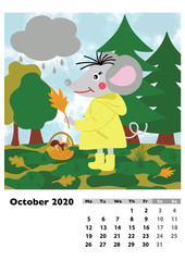 Children calendar 2020 for October, with main hero rat or mouse, a symbol of the new year. The week starts on Monday. Cartoon style digital drawing, raster