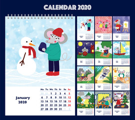 Fototapeta premium Children calendar 2020 for whole year, with main hero rat or mouse, a symbol of the new year. The week starts on Monday. Cartoon style digital drawing, raster illustration
