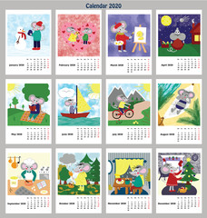 Children calendar 2020 for whole year, with main hero rat or mouse, a symbol of the new year. The week starts on Monday. Cartoon style digital drawing, raster