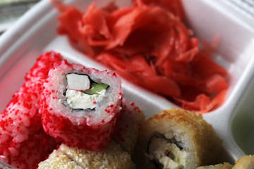 Salmon red sushi rolls, japanese food