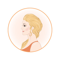 Beautiful woman 30-39 or 40-49 with long hair, hand drawn portrait, vector line art illustration in a circle.