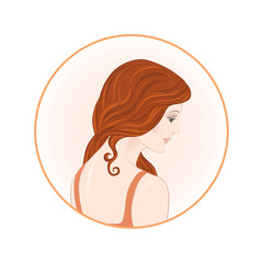 Beautiful woman 30-39 or 40-49 with long hair, hand drawn portrait, vector line art illustration in a circle.