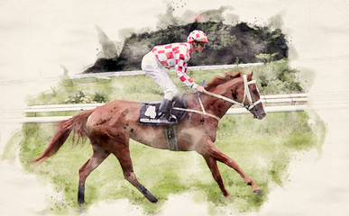 Racing horse and jockey in watercolor illustration © Ole