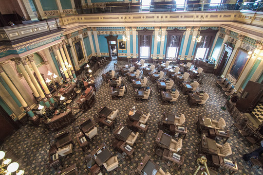Lansing, Michigan, USA - March 14, 2019: Interior of the Michigan State Senate chambers in the state capitol building in Lansing.