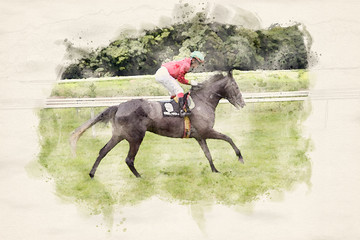Racing horse and jockey in watercolor illustration