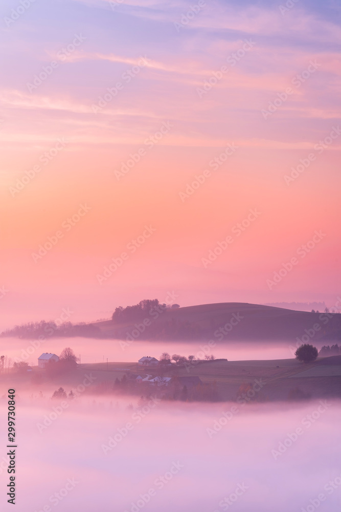Wall mural Agriculture Fields in Fog at Sunrise. Autumn Season. Polish Countryside Landscape - Wall murals