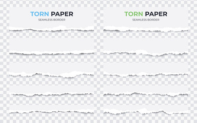 Seamless torn ripped paper layered isolated. White color. Transparent background. Stripes, scraps of paper set. Realistic template. Simple modern design. Flat style vector illustration.