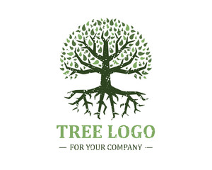 Tree logo isolated on a white background. Classic design. Green and brown colors. Lettering. Space for text. Leaves and roots. Simple modern concept. Circle form. Flat style vector illustration.