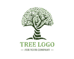 Tree logo isolated on a white background. Classic design. Green and brown colors. Lettering. Space for text. Leaves and roots. Simple modern concept. Circle form. Flat style vector illustration.