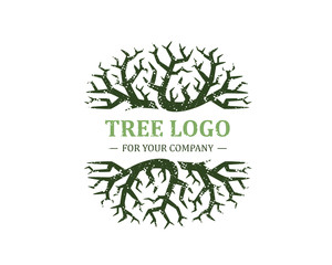 Tree logo isolated on a white background. Classic design. Green and brown colors. Lettering. Space for text. Leaves and roots. Simple modern concept. Circle form. Flat style vector illustration.