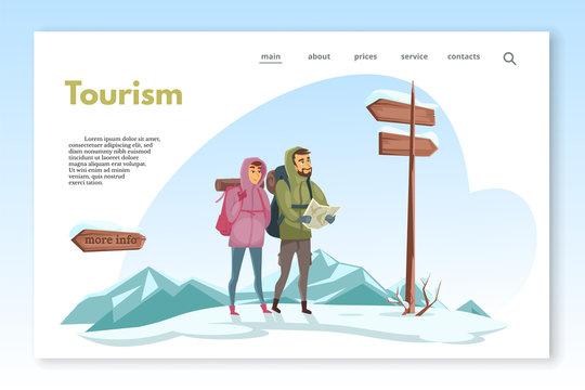 Winter travelers looking at map and road signs. Holidays vacation vector sitepage template