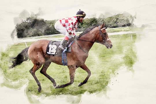 Racing horse and jockey in speed. Watercolor illustration