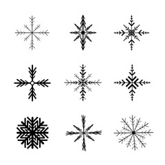 Obraz premium Set of black isolated snowflakes icon silhouette on white background. Flat snow icons, silhouette. Nice element for Christmas banner, cards. New year ornament. Vector