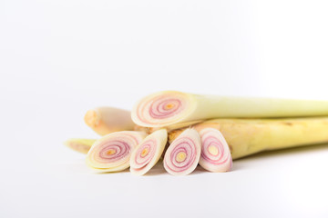 Sliced lemon grass on white background, food ingredient in Thai food