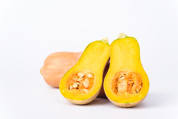 Half butternut squash on white background