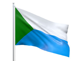 Khabarovsk Krai (Federal subject of Russia) flag waving on white background, close up, isolated. 3D render