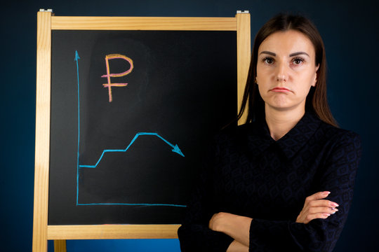 The graph of the fall of the ruble is drawn on a black chalkboard, with a sad woman standing nearby. Financial market