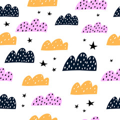 Seamless pattern with cartoon clouds, stars, decor elements. vector. Hand drawing for children. Flat colorful style. baby design for print, textile, fabric, wrapper