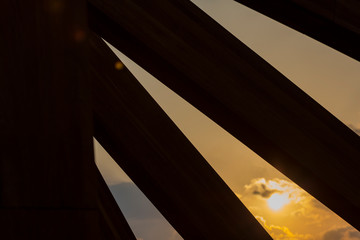 Abstract wooden stripes background on sky background.