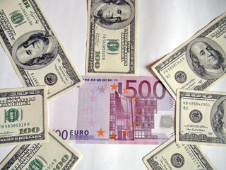 World convertible currency banknotes. Leading countries: US dollars and euros.