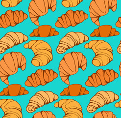 Seamless pattern with cartoon croissants and buns on turquoise background. French appetizer. Treats for the holidays. Bakery product. Vector texture for wallpaper, backdrop, cards and your creativity.