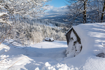 wooden hut in winter landscape in Tatra mountains, Zakopane, Poland
