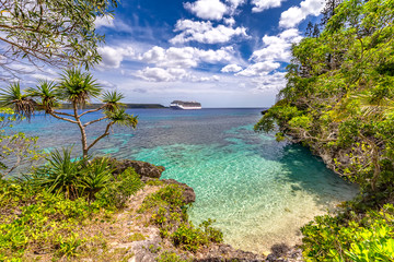 View of a secluded tropical beach with a cruise ship in the background. Symbol of vacation and relaxation