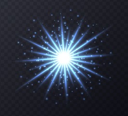 Shining flare with stars and sparkles isolated on dark transparent background. Blue lens flare, stardust, shining star with rays concept. Glowing vector light effect.