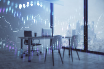 Forex chart hologram with minimalistic cabinet interior background. Double exposure. Stock market concept.