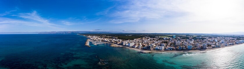 Fototapeta na wymiar Aerial views, Can Picafort, bay and harbor, Mallorca, Balearic Islands, Spain