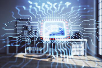 Tech theme abstract hologram and minimalistic cabinet interior background. Double exposure. High technology concept.