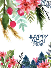 Watercolor hand paint Happy New Year and Christmas Flower plants invitation card set illustration