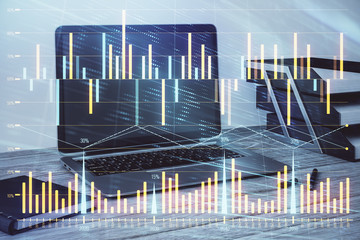 Stock market chart and desktop office computer background. Multi exposure. Concept of financial analysis.