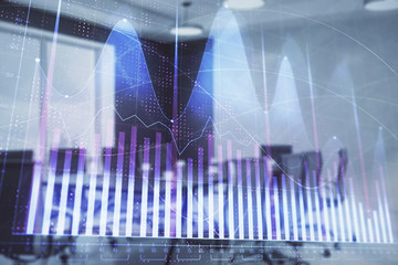 Double exposure of forex chart on conference room background. Concept of stock market analysis