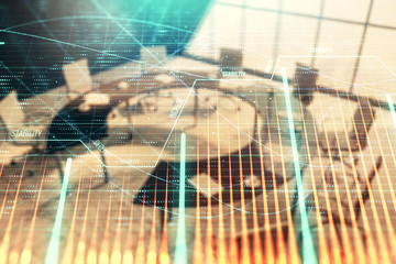 Double exposure of forex chart on conference room background. Concept of stock market analysis