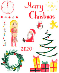 Set watercolor little element of christmas isolated white background