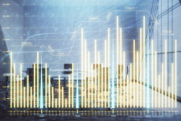 Multi exposure of stock market graph on conference room background. Concept of financial analysis