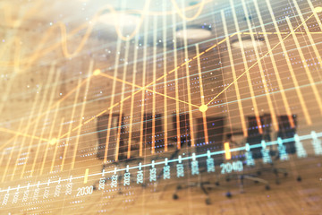 Multi exposure of stock market graph on conference room background. Concept of financial analysis