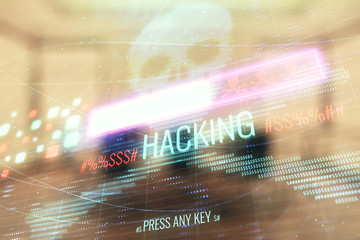 Double exposure of hacking theme hologram on conference room background. Concept of cyberpiracy
