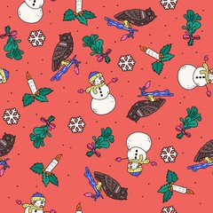 Seamless vector pattern-winter background with owl, snowman and mistletoe illustration. Christmas pattern for textiles and wrapping paper. - 299736674