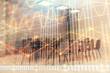 Fototapeta na wymiar Multi exposure of stock market graph on conference room background. Concept of financial analysis