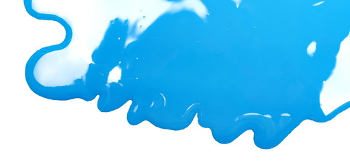 Blue oil paint puddle isolated on white background, top view
