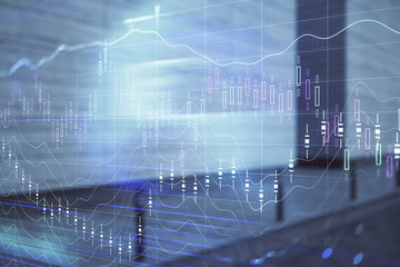 Double exposure of stock market graph on empty exterior background. Concept of analysis