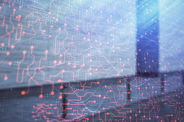 Double exposure of abstract tech hologram on empty exterior background.