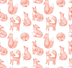 Red foxes sketch seamless pattern